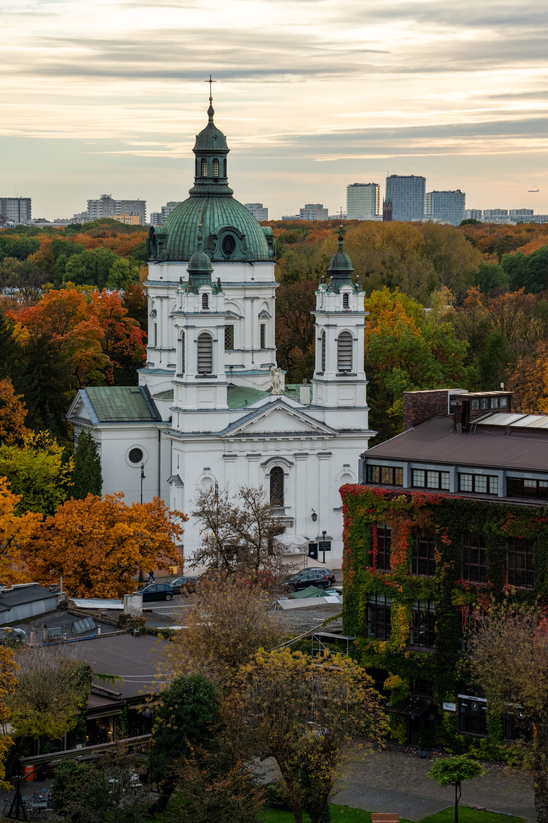 Church at Powązki Cemetery seen from The Forest office building in Warsaw